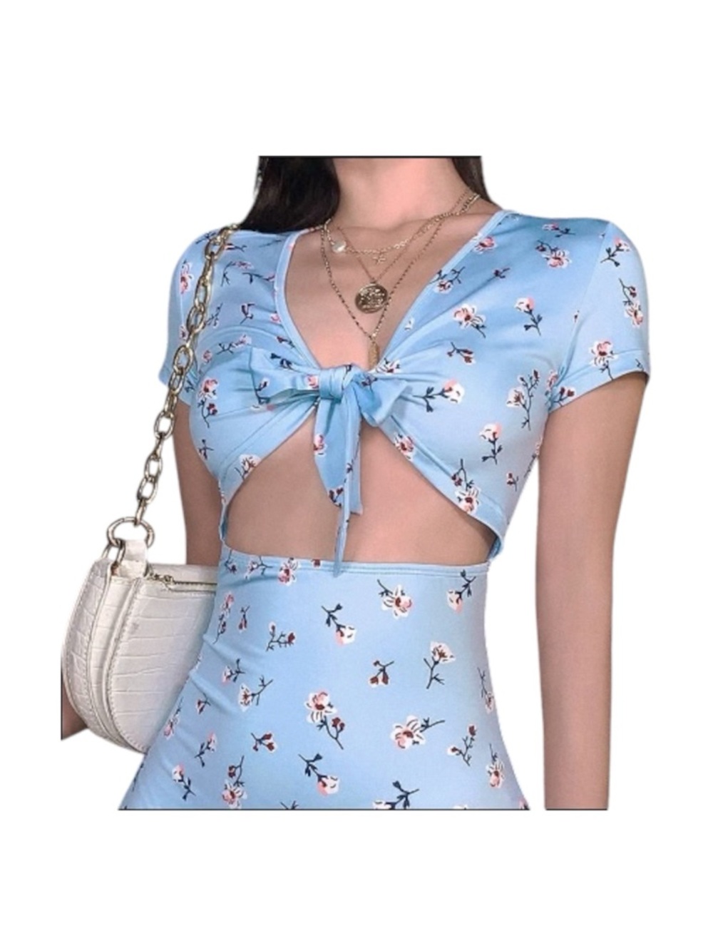 Beginning Boutique Blue Floral Tie Front Cutout Mini Dress Cottagecore Summer - Picture 4 of 14